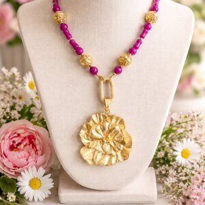 Bold Pink & Gold Flower Statement Necklace | Spring Floral Pendant Necklace